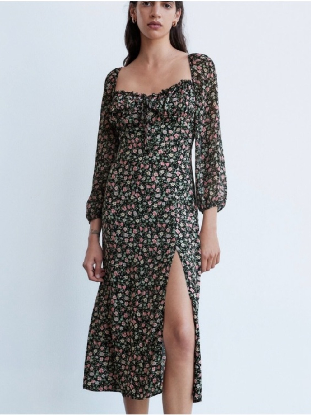 Zara Ditsy Floral Milkmaid Midi Dress with Pink & Green Blossoms XS